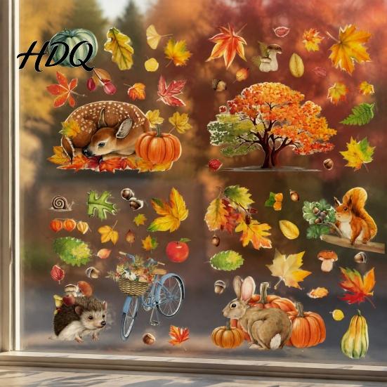 Autumn Atmosphere Window Stickers for Office 9PCS Forest Animal Clings Thanksgiving Maple Leaf Pumpkin Stickers Static Glass Decals Fall Decor
