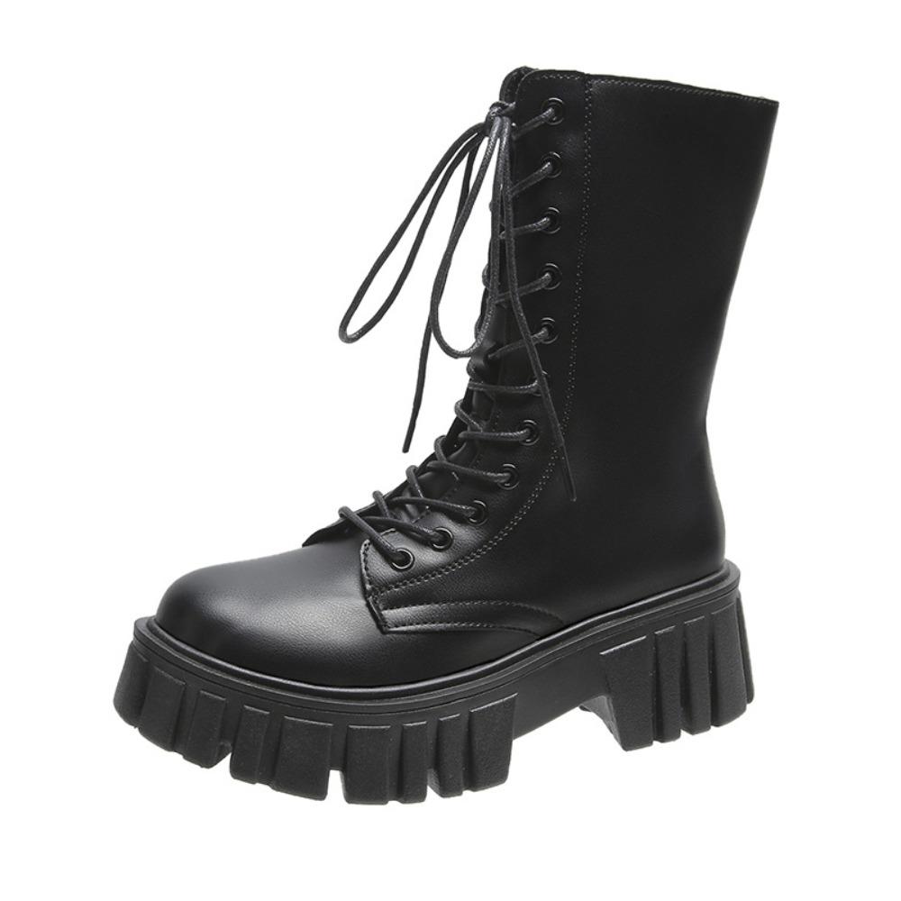 Women's Boots Fashion Mid Calf Boot PU Leather Casual Boots Non-Slip Platform Boots for Women Lace Up Ankle Boot