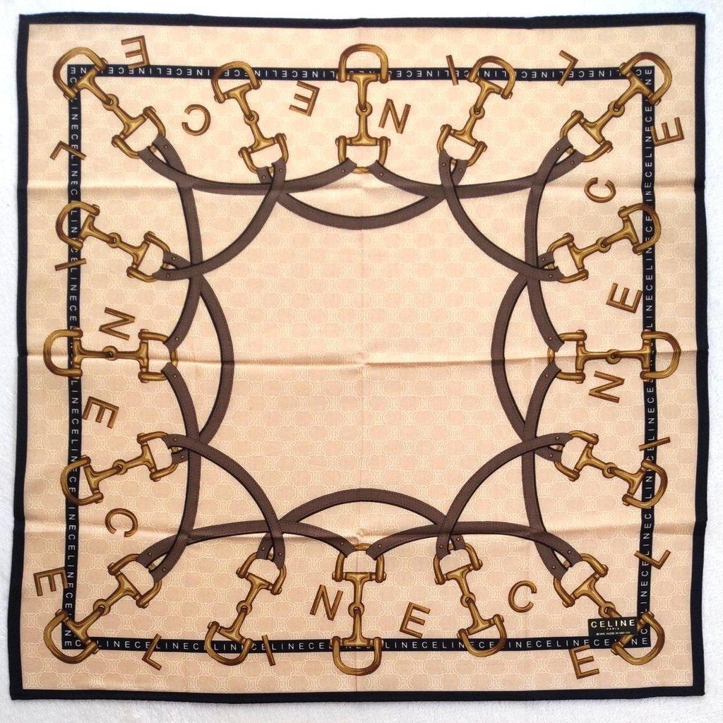 Used Unused CELINE Scarf Large Handkerchief Chain Pattern Celine 100% Cotton Beige Brown Equestrian Pattern