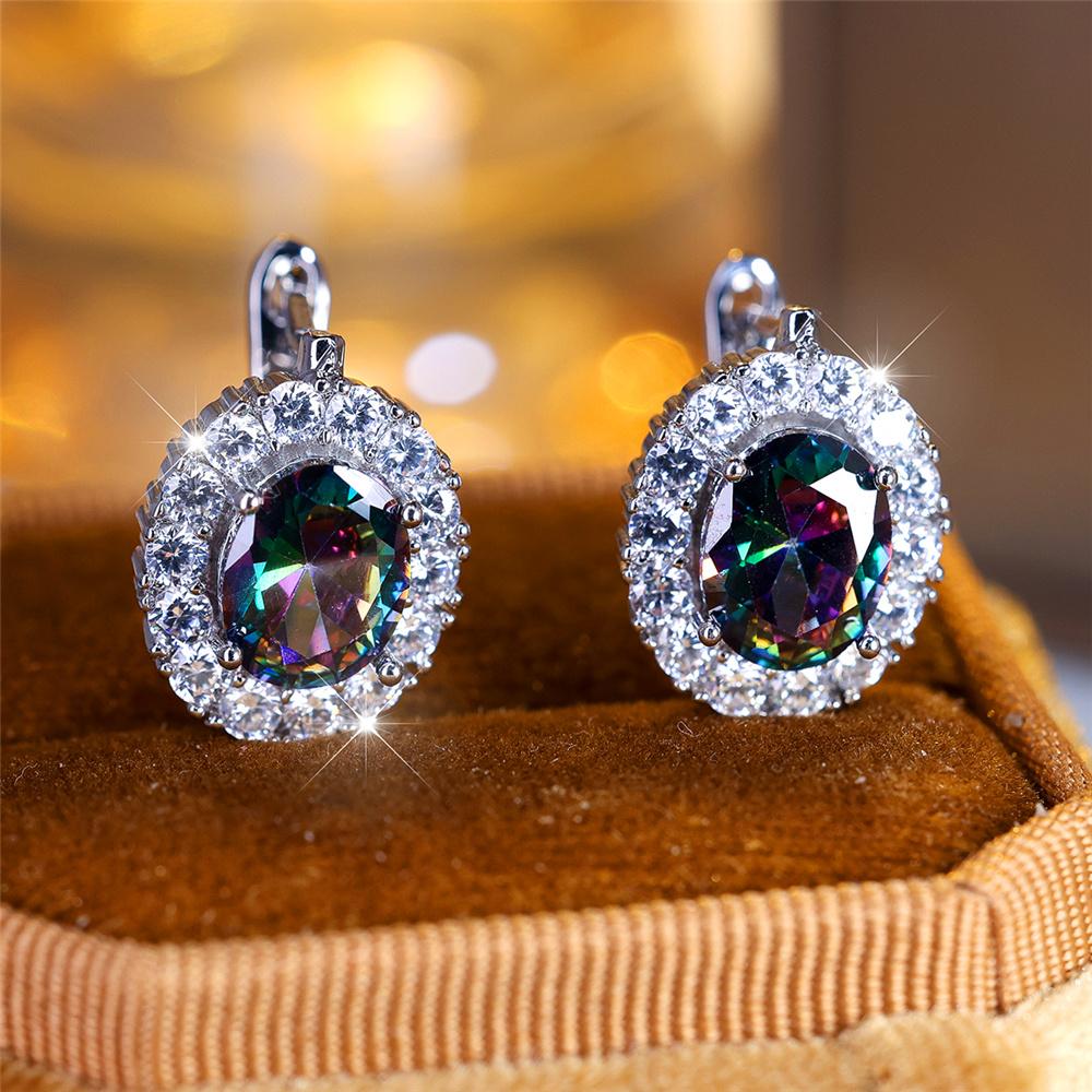 Cute Small Blue Green Purple Zircon Stone Hoop Earrings For Women Charm Female Silver Color Wedding Jewelry Gift