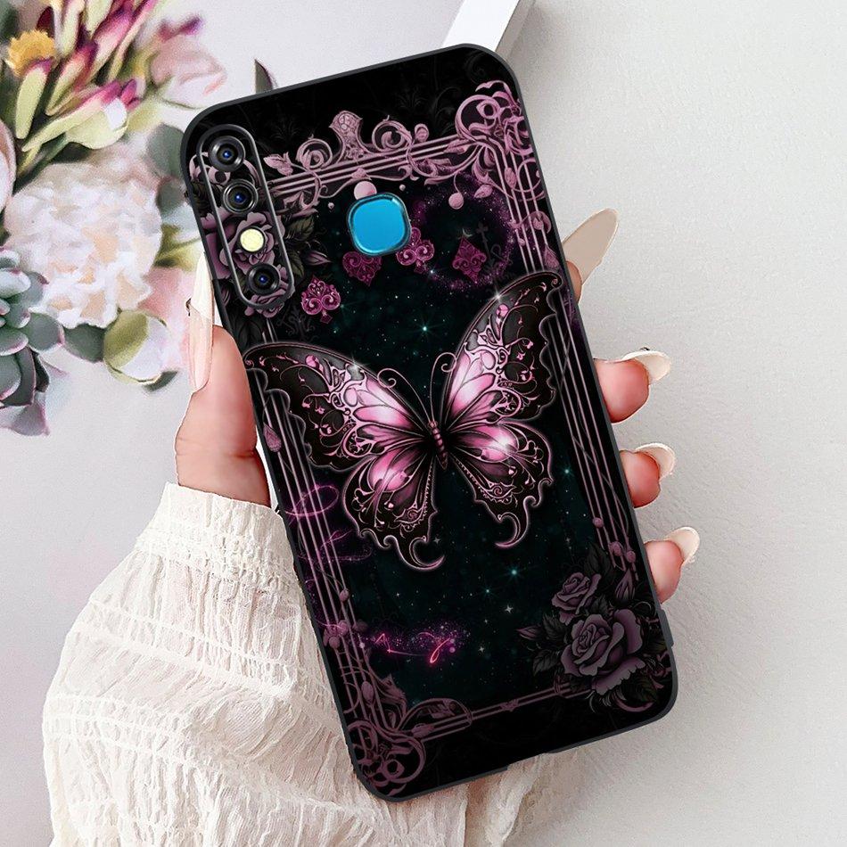 For Infinix Hot 8 Phone Case Hot 8 Lite Hot8 X650 X650C X650B X650D Elegant Floral Cat Pattern Black Silicone Soft TPU Cases