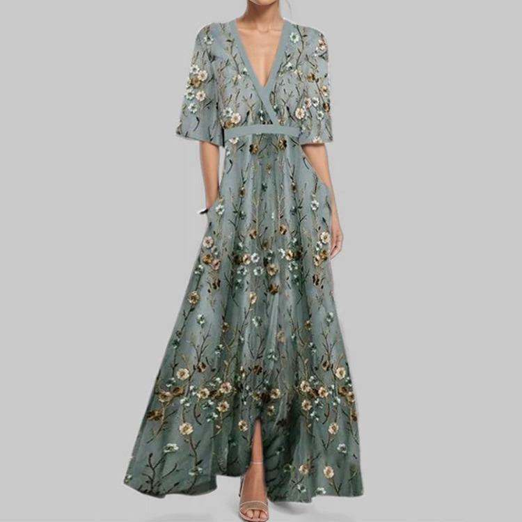 Long Dress for Dating Shopping Banquet Maxi A-line Swing Cross Slim Waist Big V Neck Three Quarter Sleeves Colorful Print Fall Spring