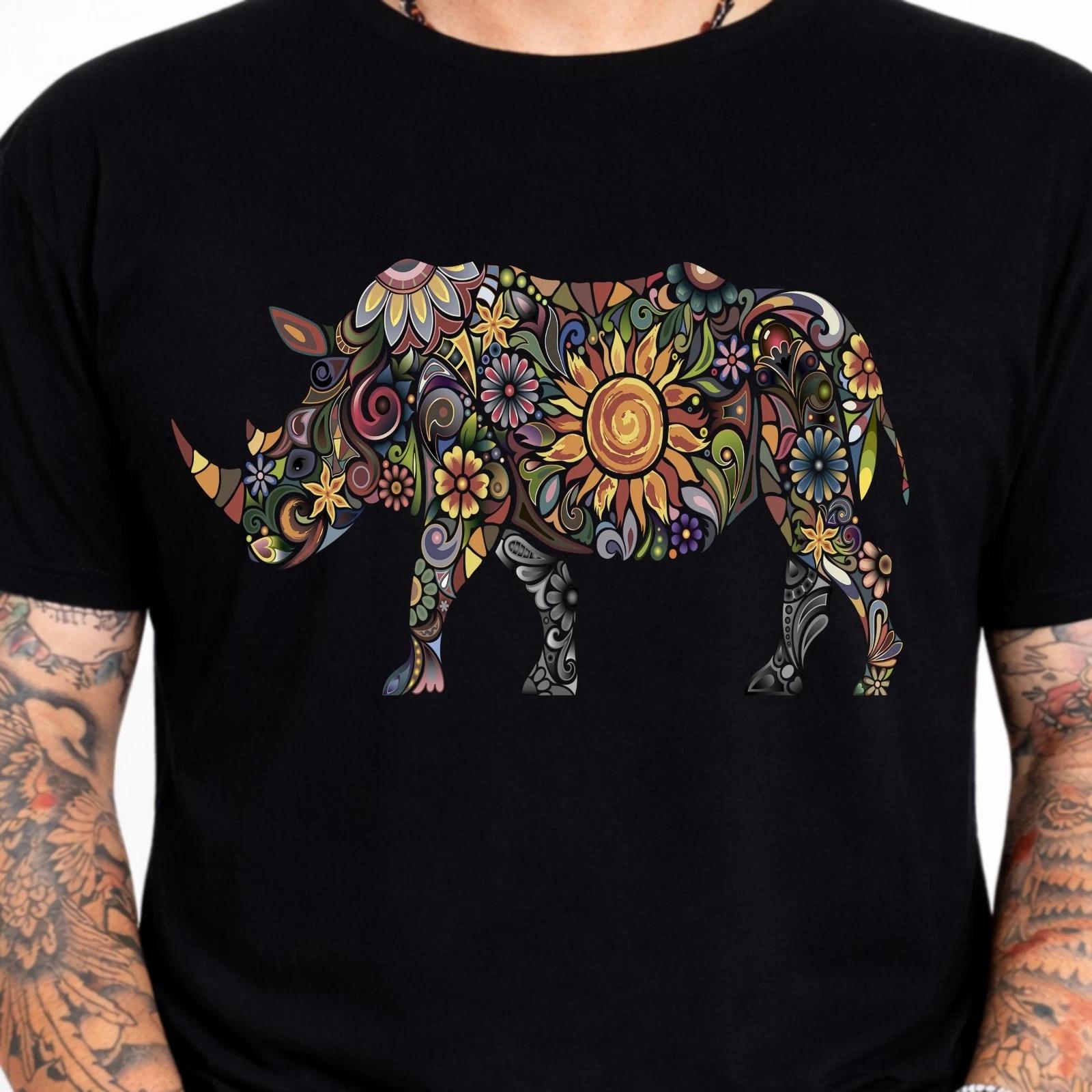 Rhino Mandala Floral Graphic T-Shirt Tribal Animal Art Tee Wildlife Boho Yoga XL