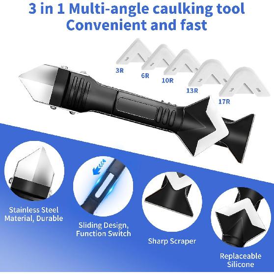Caulking Tool Kit,Caulk Remover Tool,3 In 1Silicone Caulking Tool Kit, Grout Scraper, Reuse and Replace 5 Silicone Pads, Bathroom, Kitchen, Floor,