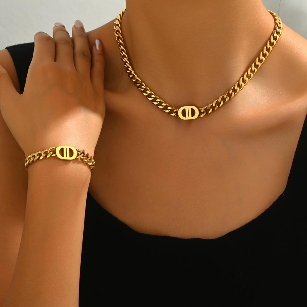 Wind Ladies Light Luxury Cuban Necklace Bracelet Set Niche Geometric Hip Hop Design Long Clavicle Chain Bracelet
