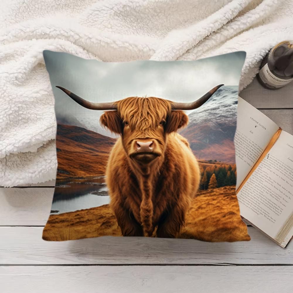 Cute Highland Cow Cushion Cover Short Plush DoubleSided Printing Home Machine Washable in Warm Winter Pillow Cover