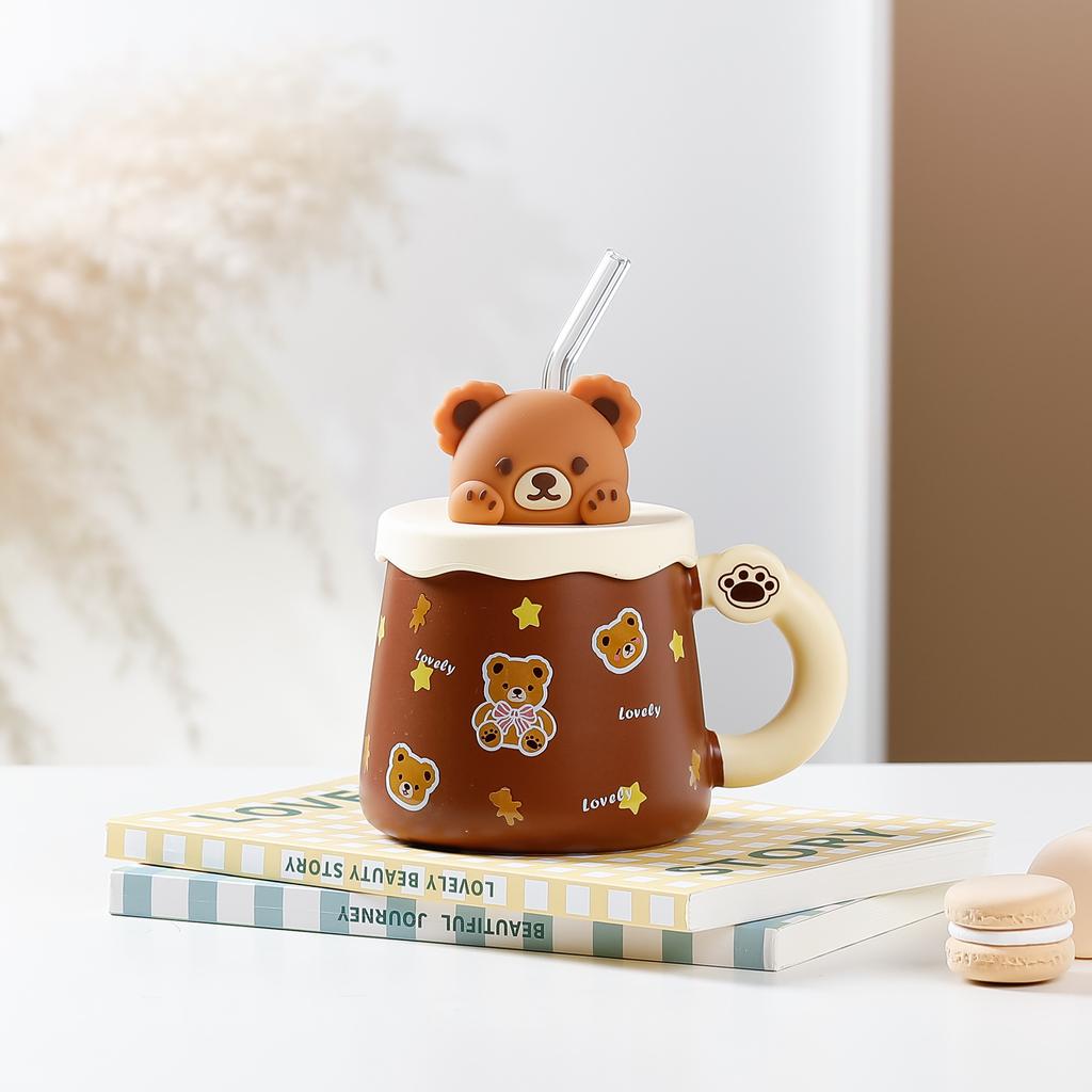 High Value Bear Straw Cup with Handheld Ceramic Cup Cute Creative Personality Mug Breakfast Milk Cup Office Cup