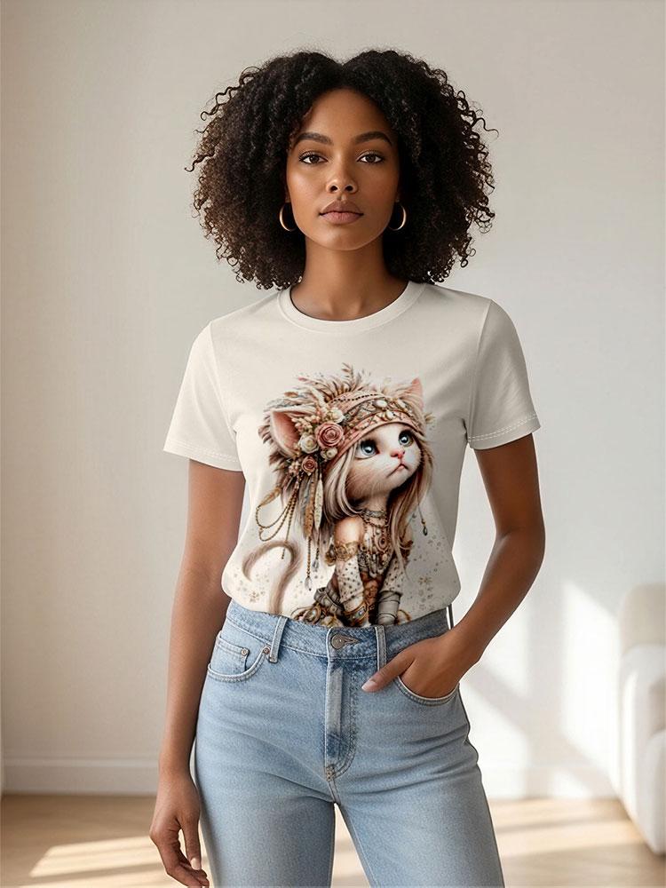 Women's O-Neck Short Sleeve T-Shirt, Polyester Fabric, 2D Bohemian Cat Print Casual Tee for Commute Daily Wear