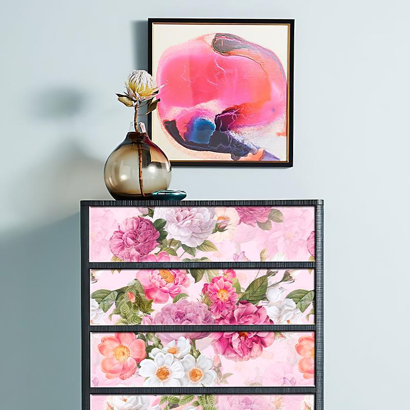 Rosenrote Blüte Selbstklebende Tapete Morden Floral Abziehen und Aufkleben Tapete Für Mädchenzimmer Kinderzimmer Wasserdichter Schrankaufkleber
