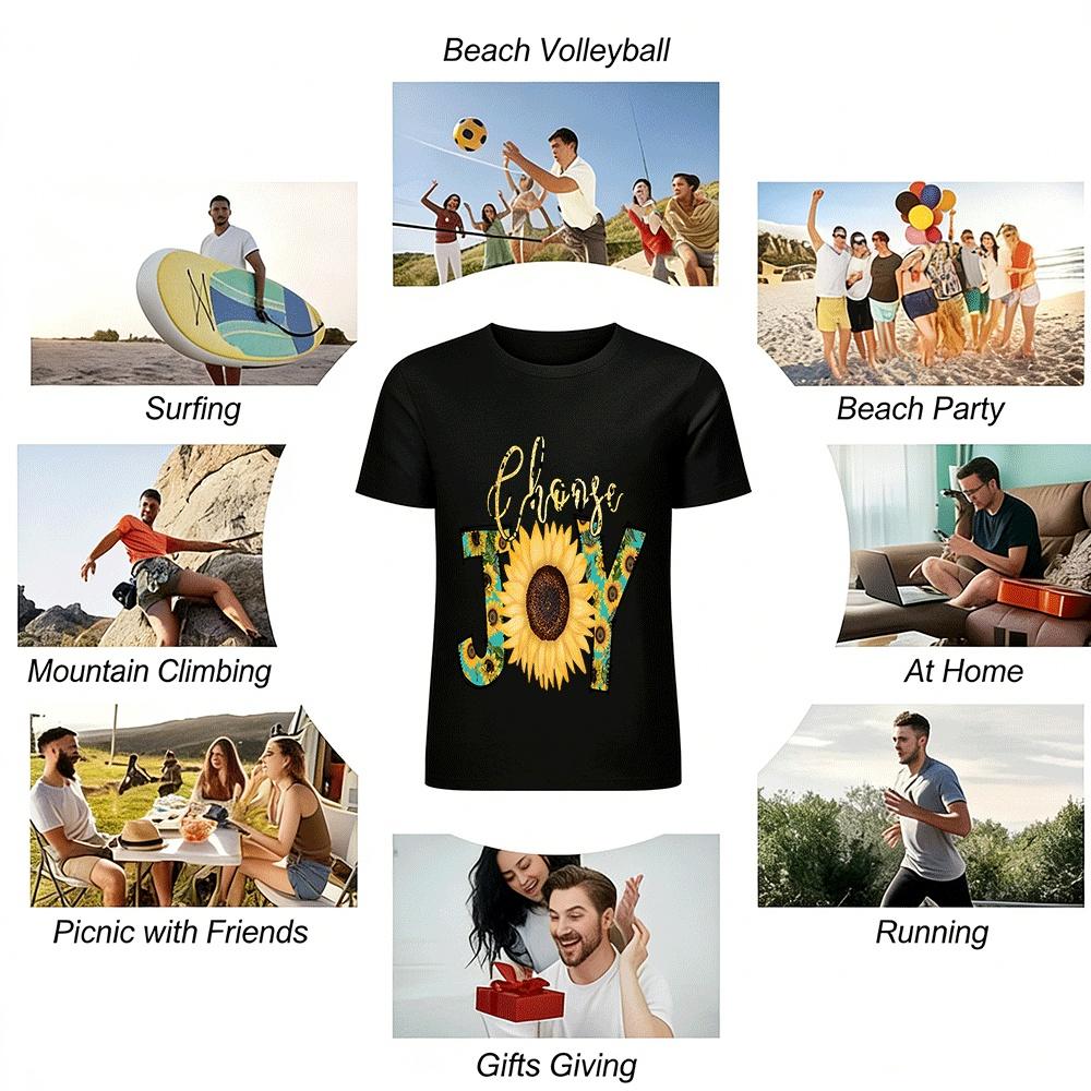 Wähle Freude Sonnenblumen-Print Lässiges Alltags-T-Shirt mit Rundhalsausschnitt Reines Baumwoll-T-Shirt