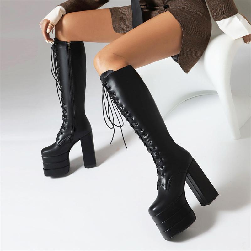Sexy Punk Knee High Boots Platform Gothic Black High Heels Winter Boot Leather Lace Up Stripper Fetish Shoes Ladies Big Size 45