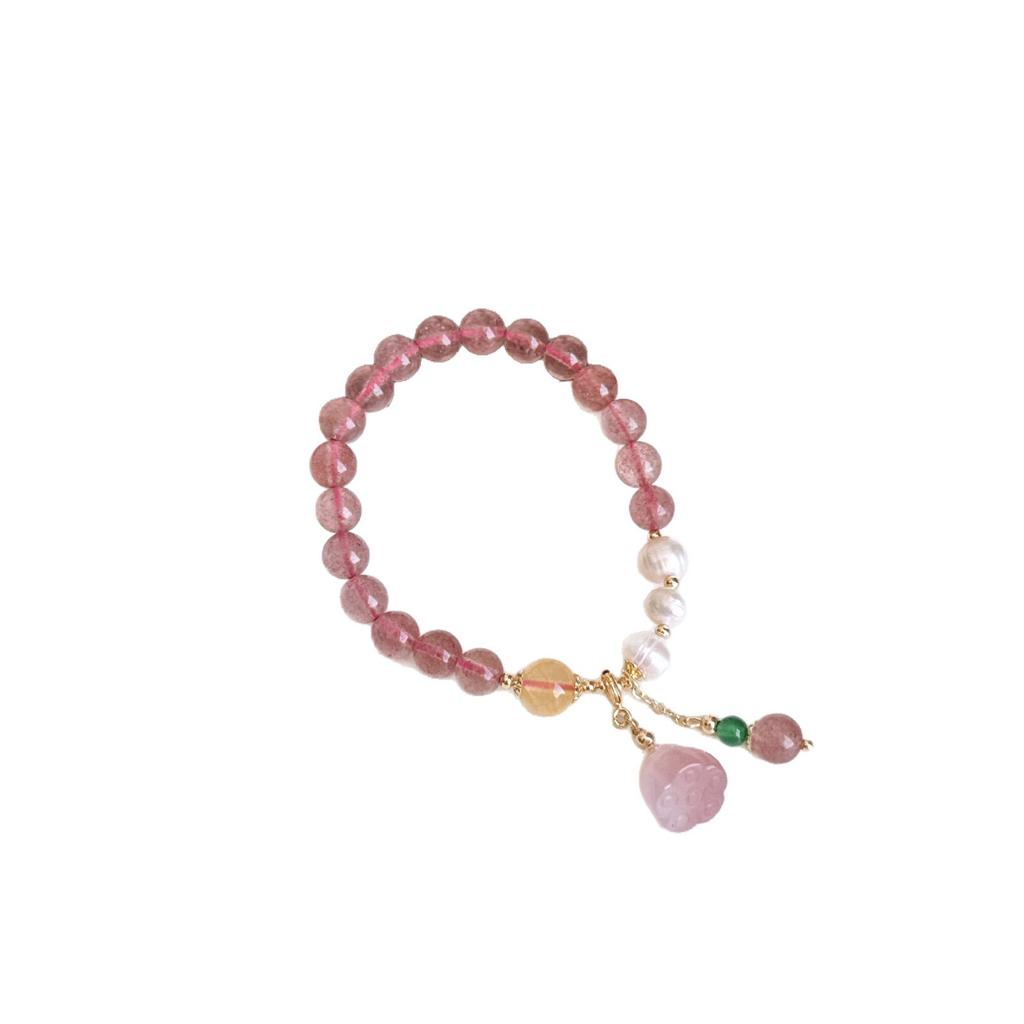 Gentle style strawberry crystal lotus bracelet, natural pearl accessories, spring-themed bracelet for girls, versatile and detachable pendant
