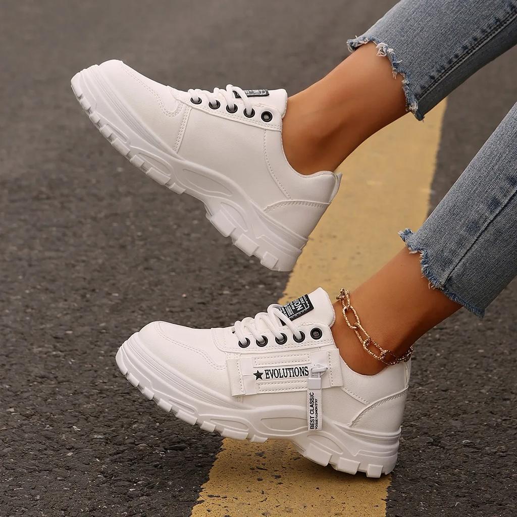 Fashionable New Comfortable Women's Vulcanized Shoes Elegant Solid Color Lace Up Thick Soled Casual Shoes In Spring and Autumn