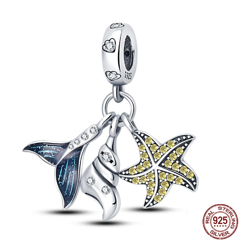 100% Real Prata-Banhado Ocean Series Tartaruga Caranguejo Sereia Charms Contas Fit Original Diy Pulseiras Bangles Jóias Presentes