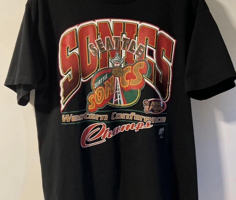 Vtg Seattle Supersonics 90s Logo Champs T shirt black tee Basketball Team reprin Unisex T-Shirt M