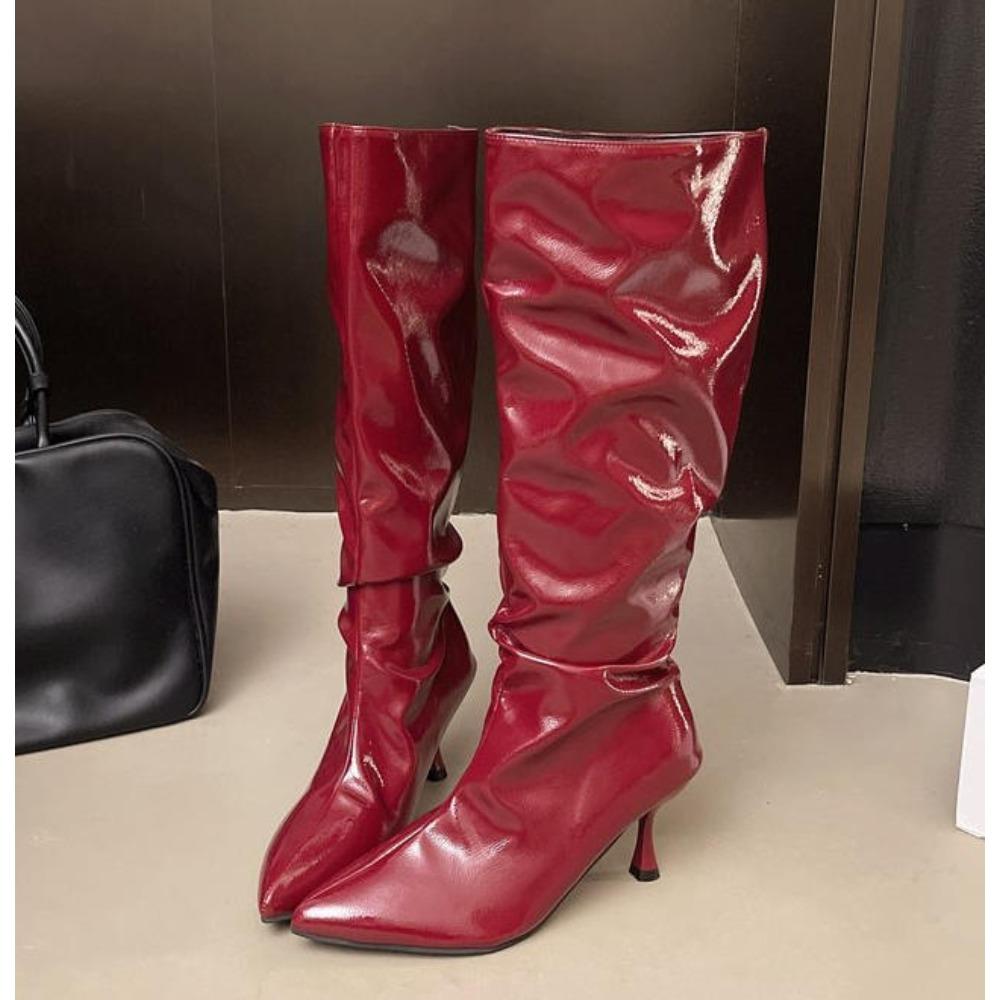 New Over-the-knee Boots Women Fashion Pointed Toe Black Side Zipper Thin High Heels Female Shiny Pleated High Heel Botas