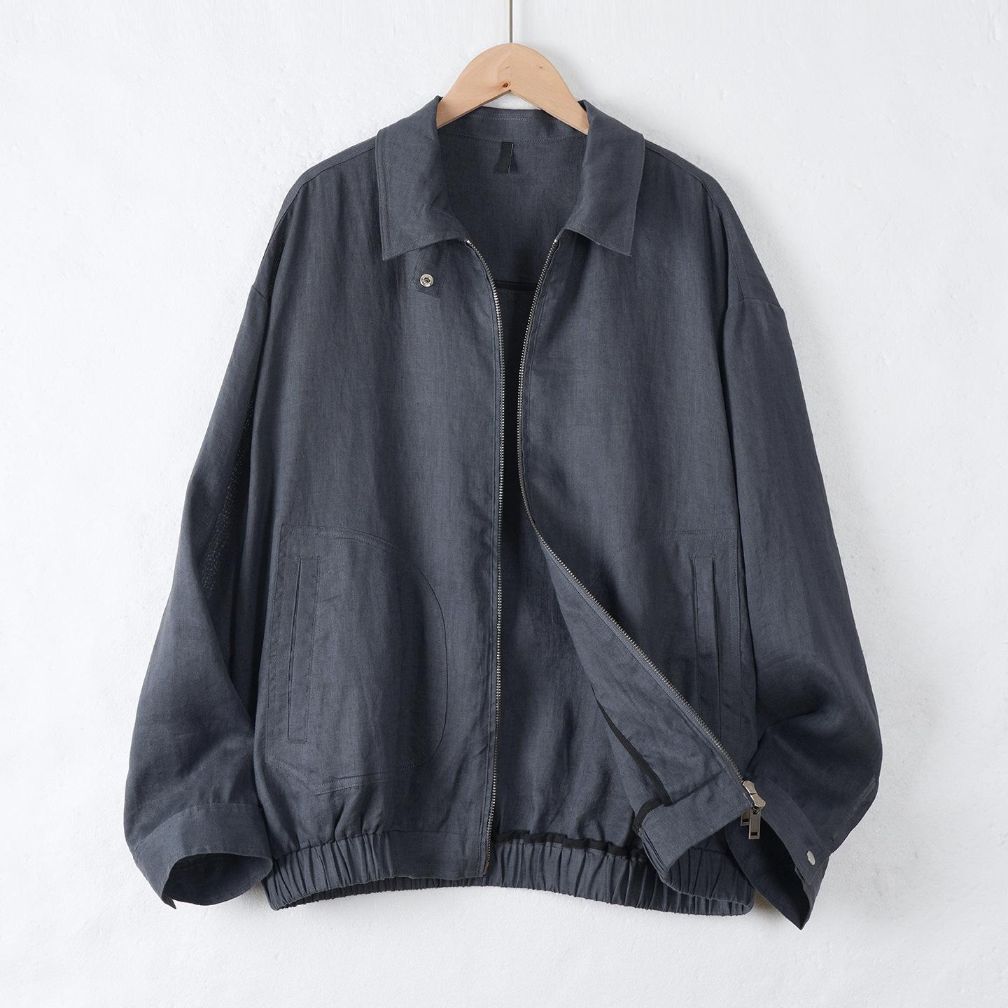 

High-end business men s pure linen jacket, spring/summer old money style, simple commuter jacket with a turn-down collar, casual zip-up cardigan S темно-синий