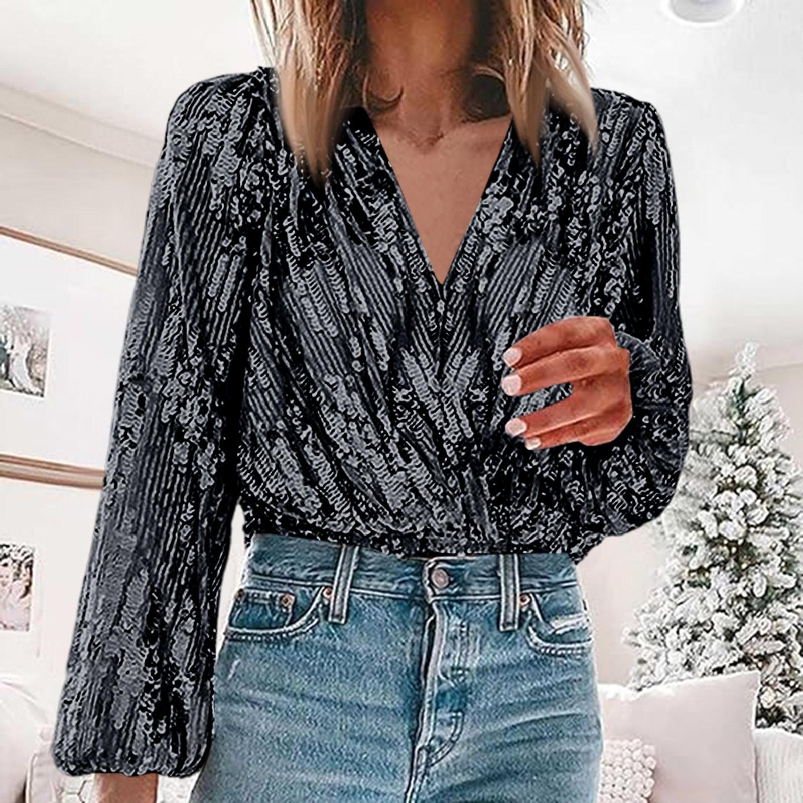 

Женский топ с V-образным вырезом и длинными рукавами для вечеринки, сверкающие топы с пайетками L чёрный