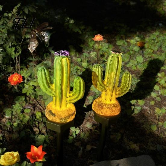 Waterproof Outdoor Cactus Lamps Solar Garden Light, Resin Pathway Desert Theme Yard Accessories LED Light with Stake for Patio Lawn Decor Powered