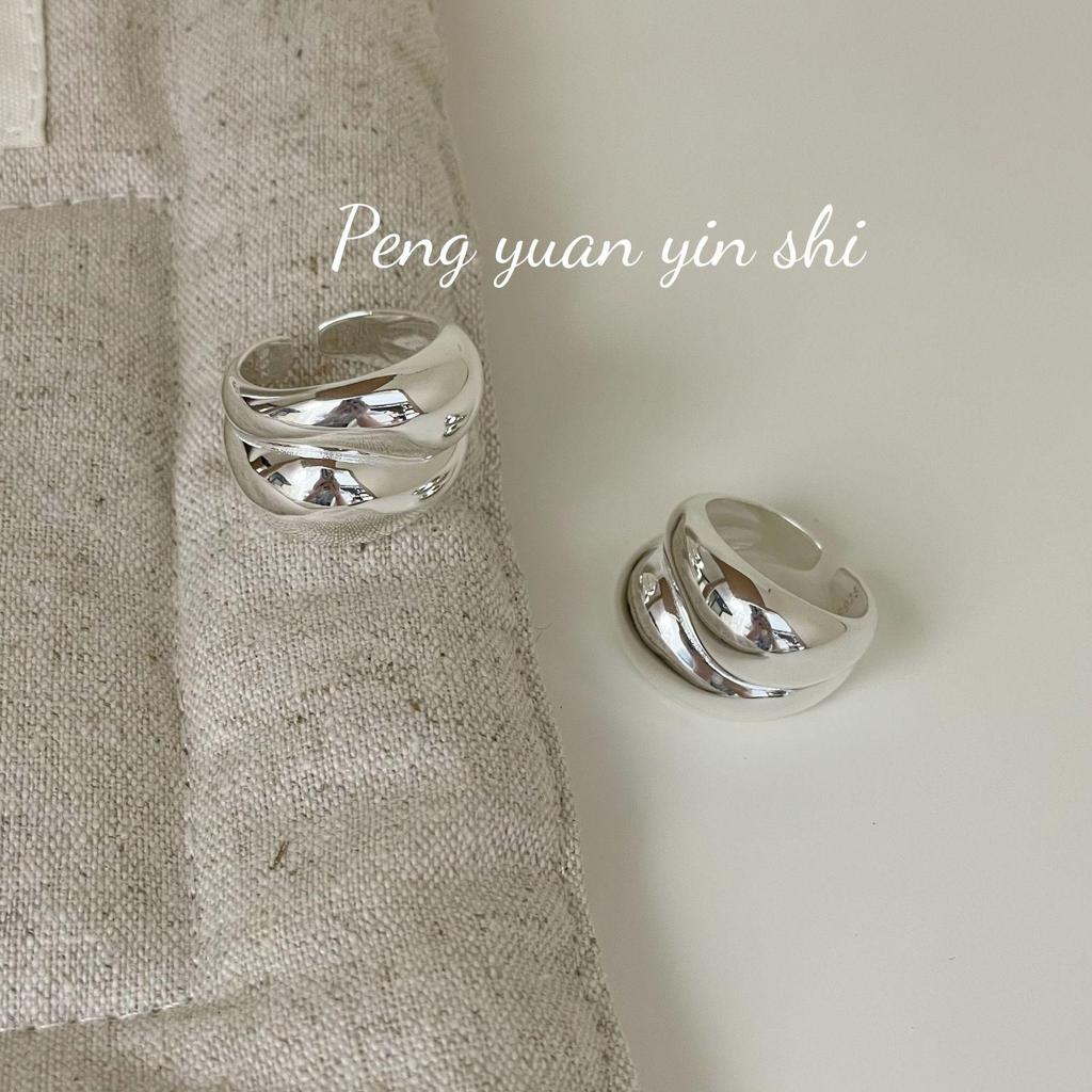 Su Chuang S925 Sterling Silver Double Layer Wide Band Open Ring for Women - Large Polished Surface, Cool Style Index Finger Jewelry.