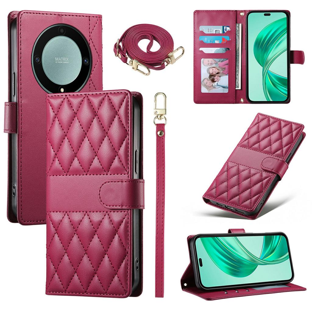 Wallet Case for Honor Magic8 Lite 5G/X70 5G/X9d 5G Rhombus Stitching Stand Leather Phone Cover with Long/Short Strap