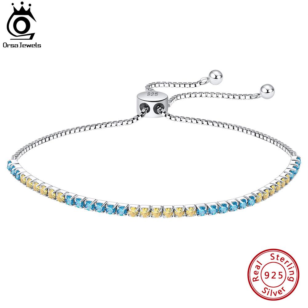 ORSA JEWELS Adjustable 925 Sterling Silver 2mm Multi-Color Tennis Bracelet for Women Zirconia Chain Bracelet Jewelry SB150