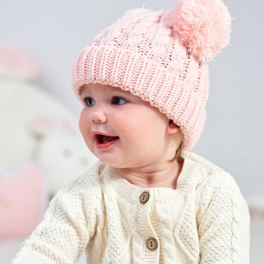 New Solid Color Cable Knit Double Pom Pom Hat for Kids - Warm Autumn/Winter Pullover for Babies & Toddlers