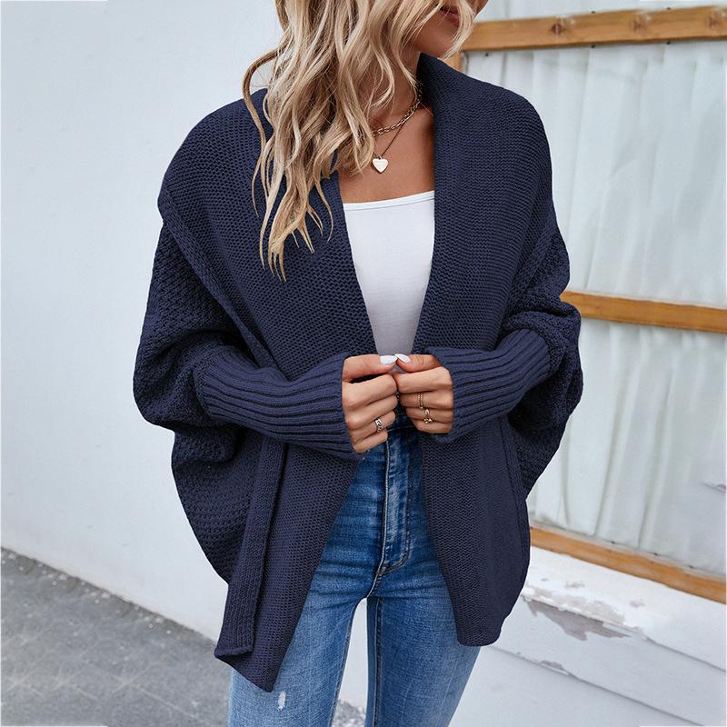 Autumn Winter Vintage Loose Long Sleeve Top Solid Color Cardigan Knitwear V-Neck Sweater