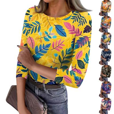 Tricou de damă cu fund subțire, la modă, casual, imprimat, cu gât rotund, pulover, top cu mâneci șapte sferturi
