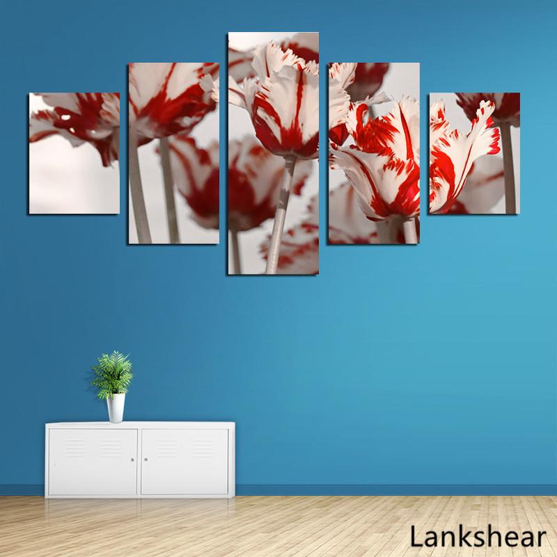 Canvas Wall Art Pictures Home Decor 5 Pieces White Red Tulips Paintings HD Prints Flowers Poster Modular Pictures Framework
