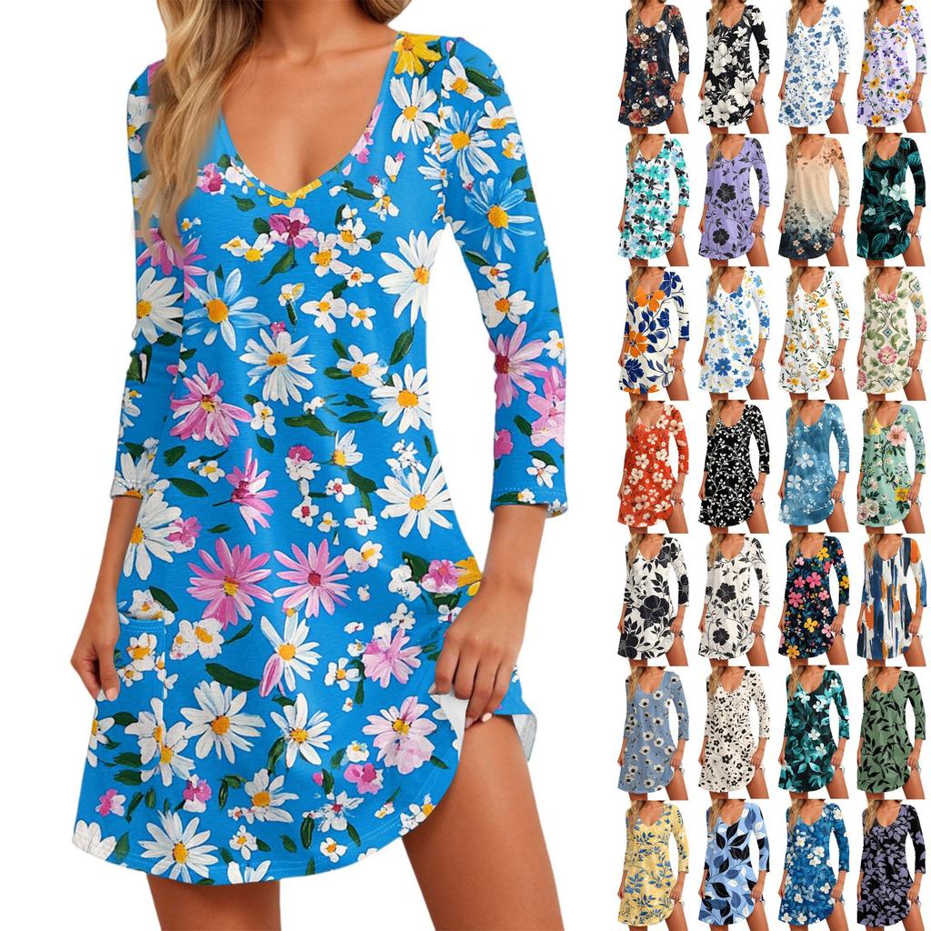 Women's Fashionable Casual V-Neck Floral Print Pocket Seven Quarter Sleeve Dress