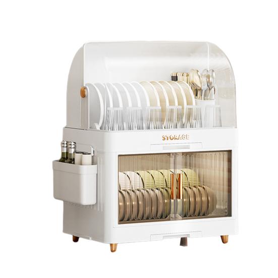 Stackable Tableware Storage Box Multi-Tier Dinnerware Organizer with Clear Lid Doors Hooks Dishes Plates Cups Storage Bins with Drainage Tray