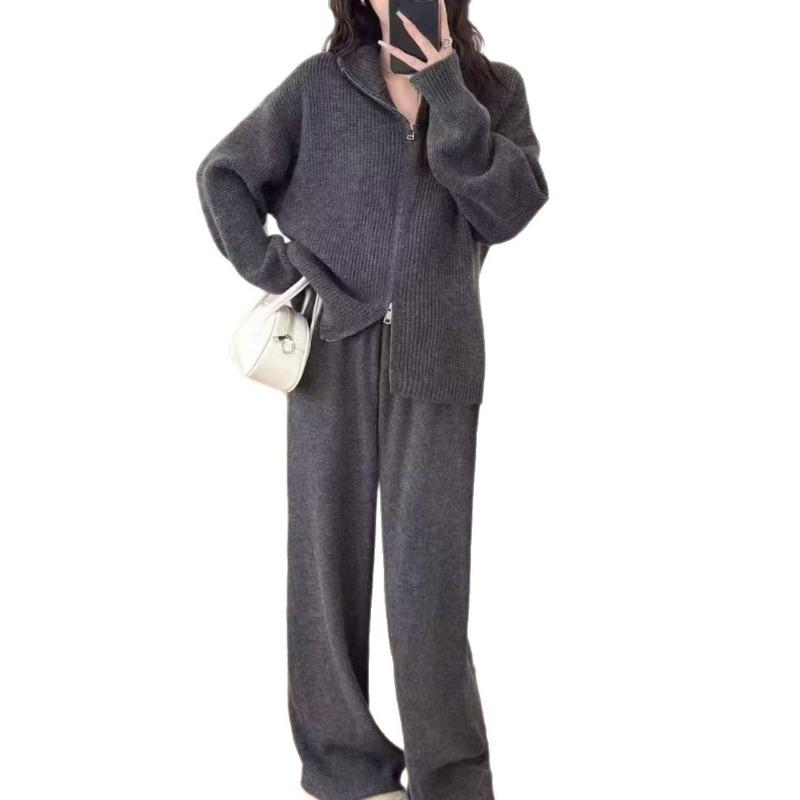 Casual Style Double Zipper Knitted Cardigan Set Women's Autumn and Winter Large Size Loose Sweater Wide-leg Pants Two-piece Set Women