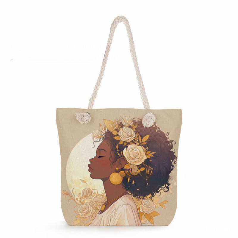 Multifunctional Rose Girl Printed Thick Rope Shoulder Beach Bag Casual Large Capacity Handbag 0247
