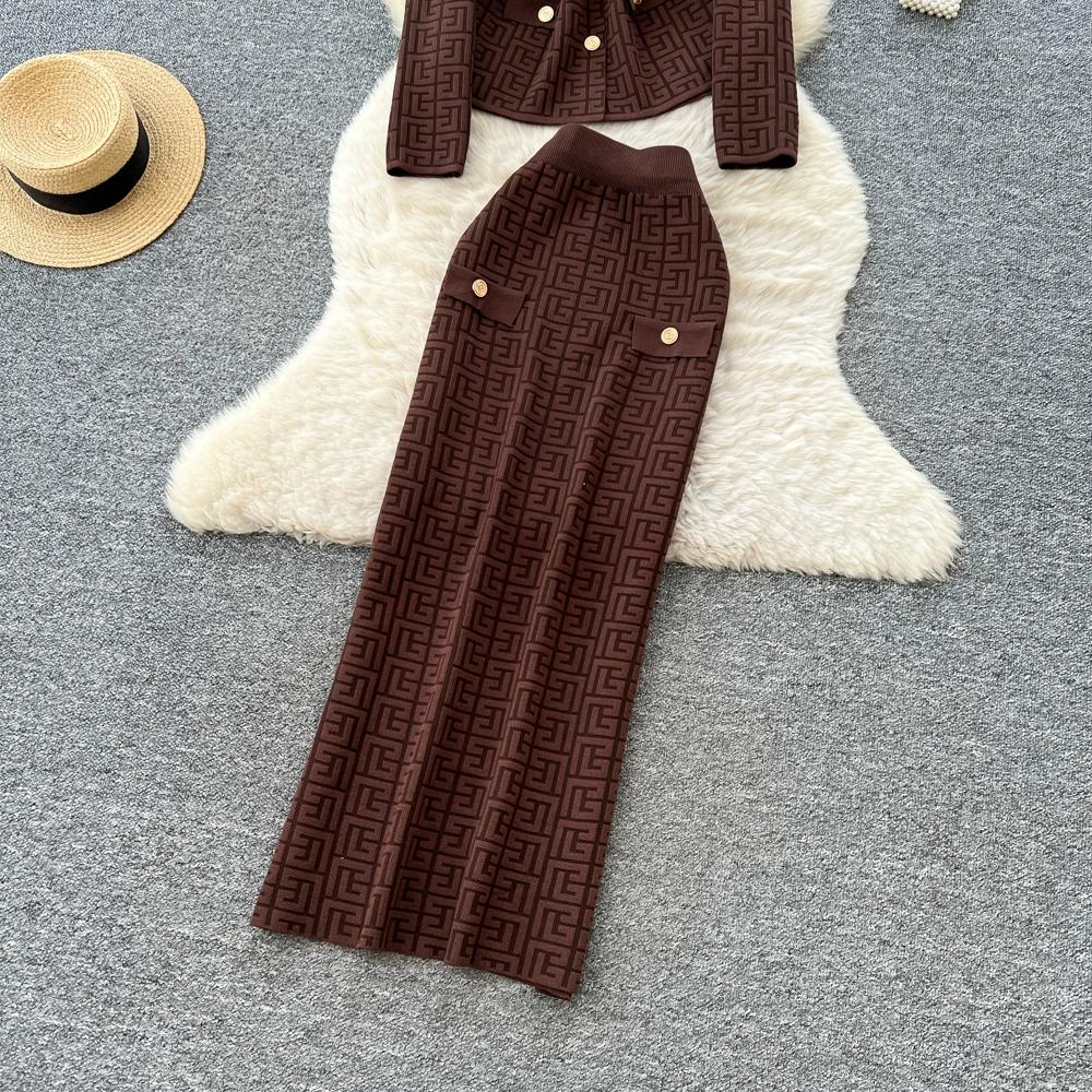 Autumn Winter Women Designer Knitted Sweater Two Piece Set Blazer Collar Cardigans Coat and Long Maxi Sheath Skirt Outfits With Belt