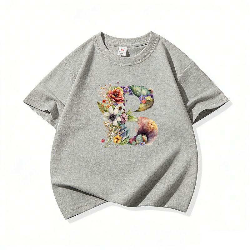 Kids Cotton T Shirt Floral Letter B Print Crew Neck Short Sleeve Tee Casual Boys Girls Summer Tops