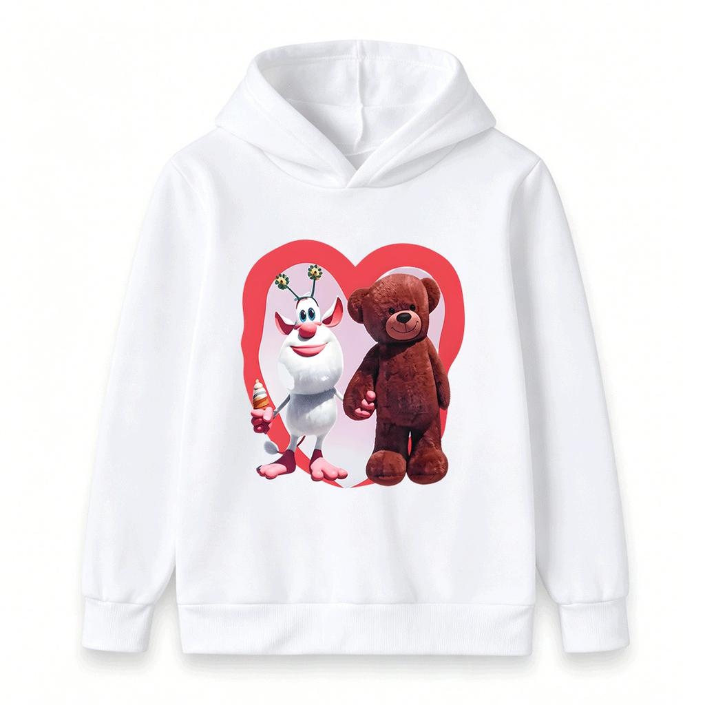 Kids Boys Girls Pullover Hoodie, Cute White Cow with Flower Headband Plush Bear Print Casual Soft Hooded Sweatshirt for Children Daily Wear