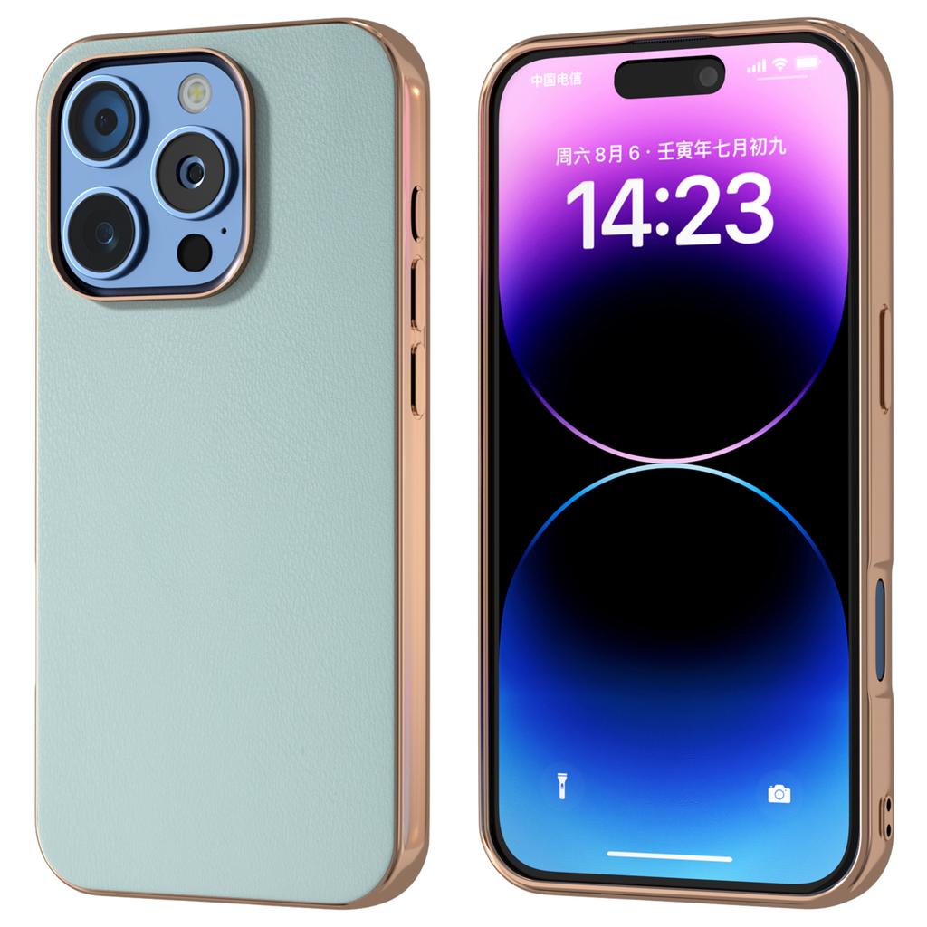 For iPhone 16 Pro Case Electroplating Edge PU Leather Coated TPU+PC Phone Cover