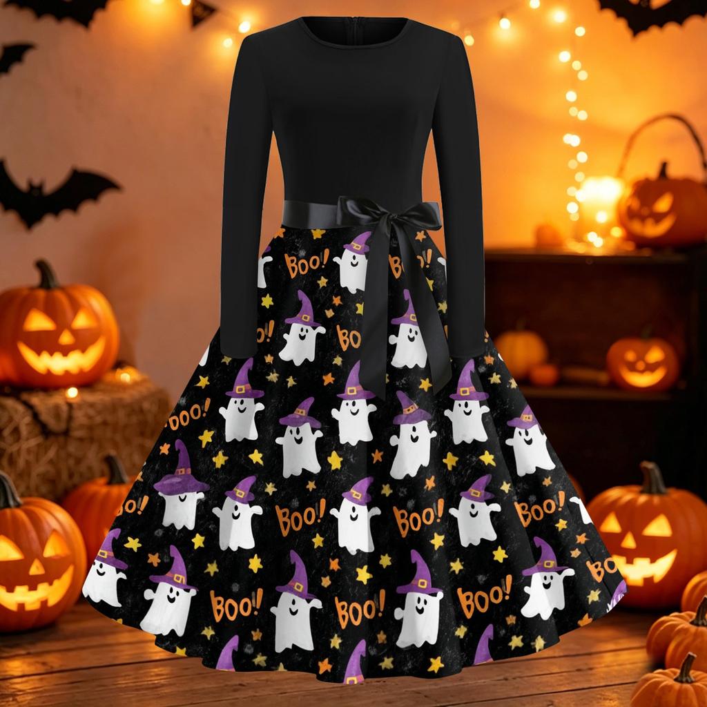 Womens Casual Long Sleeve Halloween Dress Round Neck Fit and Flare Midi Dress with Printed Skirt and Waist Tie Belt