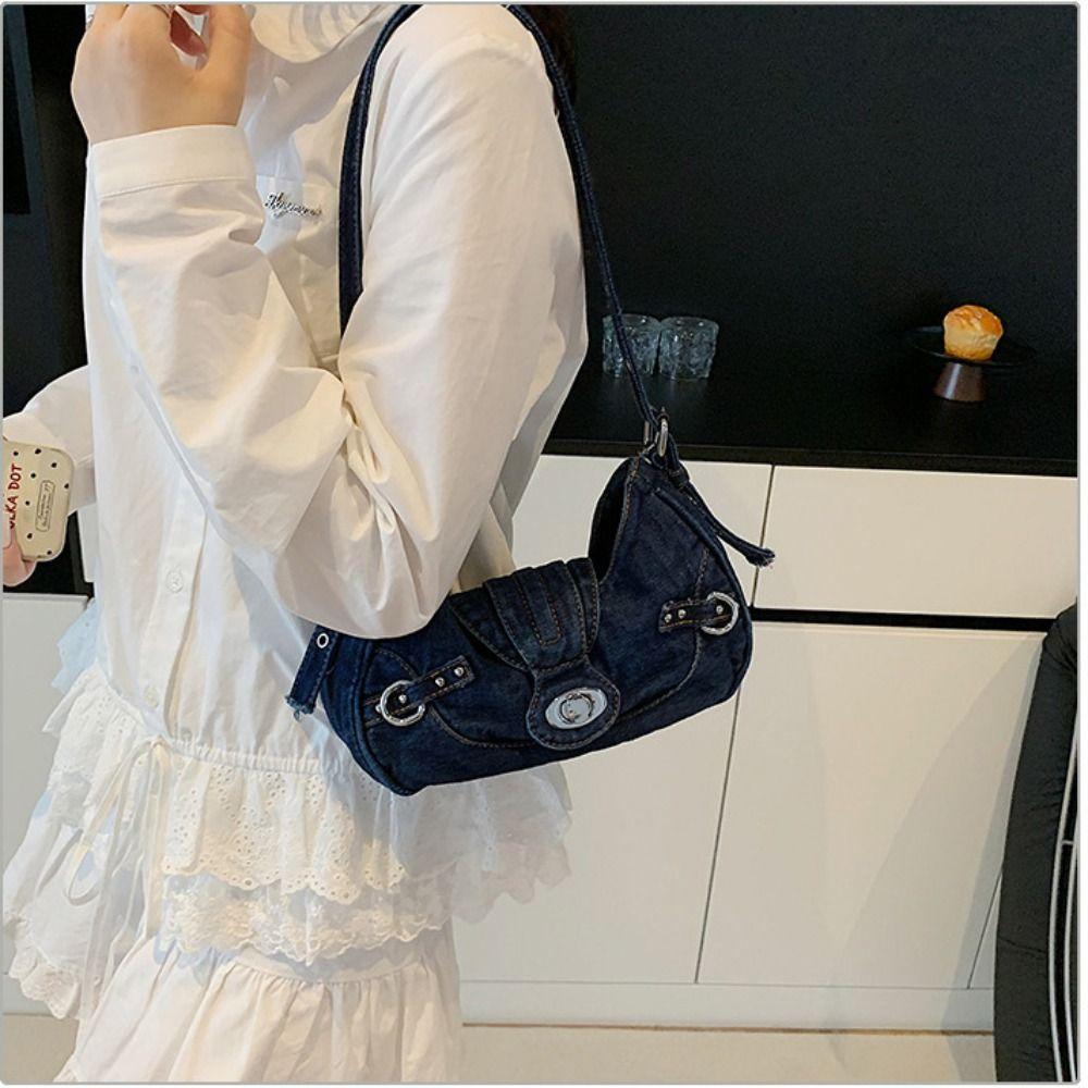 Spicy Girl Retro Denim Shoulder Bag Y2K Cloth Armpit Bag Simple Denim Handbag Streetwear