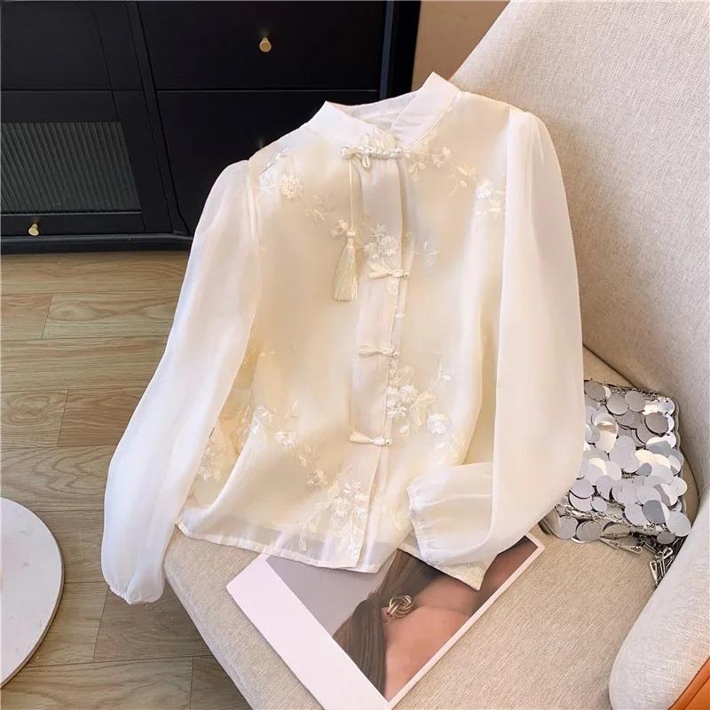 Chinese Style Women's Shirt Summer Vintage Embroidery Blouses Loose Long Sleeves Women Fashion Clothing