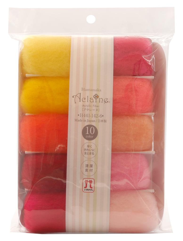 Hamanaka Aclaine Wool Felt, 10-Color Set (Approx. 2g Per Color), Red, Yellow, and Pink, H441-142-5