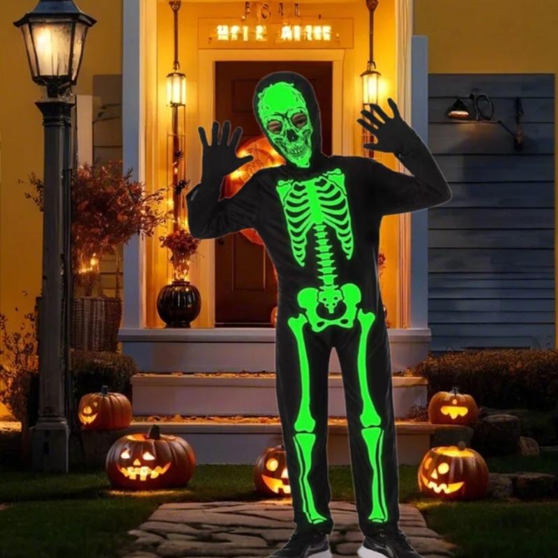 Bright Skeleton Costume For Children Halloween Party Full Body Jumpsuit Easy Zipper Closure Comfortable Wear