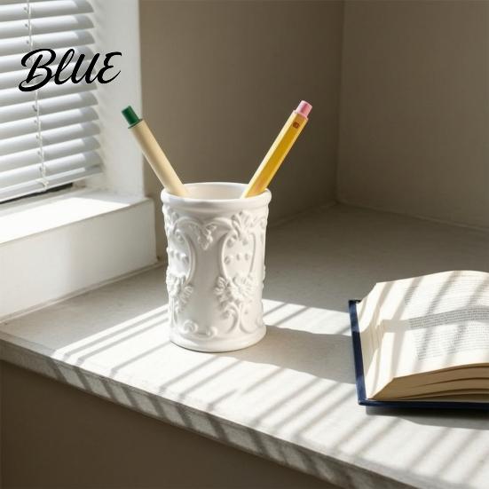 Retro Stationery Storage 3D Printed Relief Pen Holder European Desktop Organizer for Artistic Desk Students Pencils And Makeup Brushes Decorative