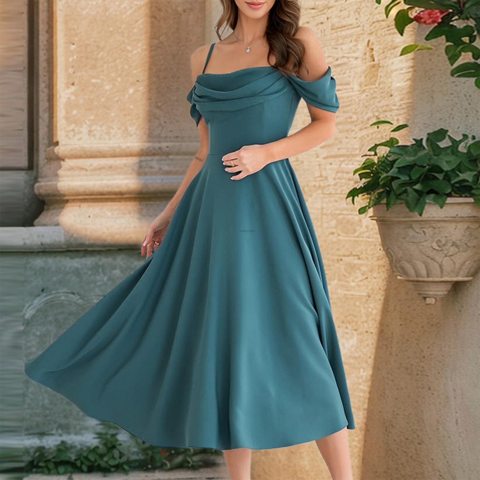 

Women s Fashion Solid Color Sexy Pleated Suspender Dress With Temperament A-line Dress XL синій