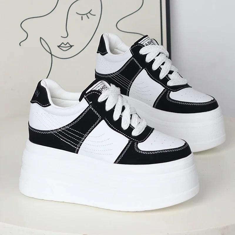 Fashion 12CM Synthetic Women Stable High Platform Chunky Sneakers Fashion Spring Autumn Vulcanize Cow Genuine Leather Lace Up Shoes