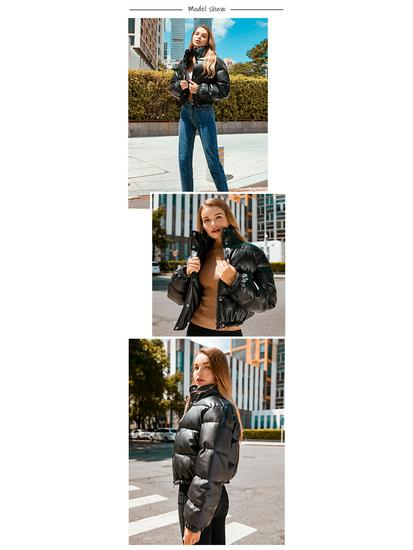 Women's Autumn/Winter Stand-up Collar Short Cotton-padded Leather Jacket - European & American Style