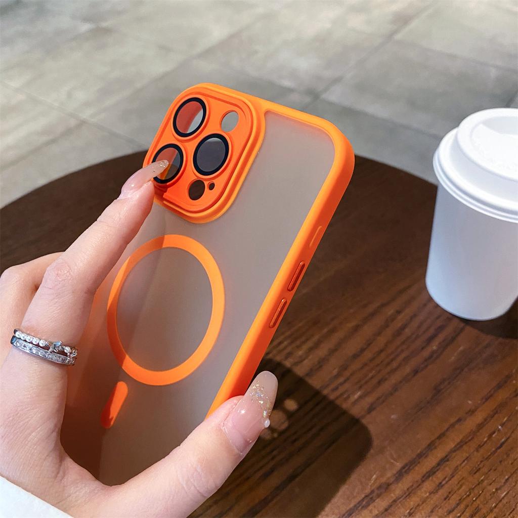Orange Magnetic Matte Translucent Armor Shockproof Case For iPhone 16 Pro15 14 13 12 ProMax PLus Magsafe Wireless Charge Cover