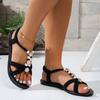 Fashion Pearls Beaded Rome Shoes Woman Summer 2025 Flat Heels Flower Decor Bohemian Sandals Women Comfort Non Slip Beach Sandalias Mujer