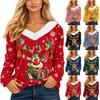 Women's Casual Long Sleeve Christmas Print V Neck Top with Plush Collar for Holiday Wear